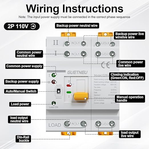 ATS Dual Power Automatic Transfer Switch 4P 63A 110V Manual Transfer SwitchUninterruptible Millisecond-Level ATS 50/60 Hz White CE