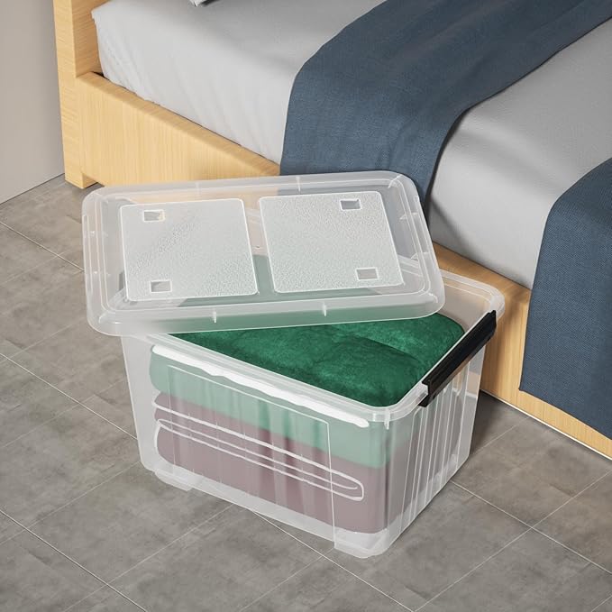 50 Quart Large Plastic Latching Box with Lid Clear Storage Bin with Wheels Stackable 4 Packs