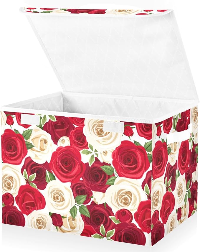 Storage Box Rose Floral Closet Storage Bins with Lids Foldable Oxford Fabric Storage Box for Home Bedroom Closet Office (16.5x12.6x11.8 in)