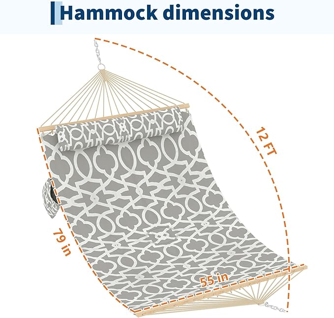 Hammocks 12 FT Double Quilted Fabric Hammock with Spreader Bar and Detachable Pillow 2 Person Hammock for Outdoor Patio Backyard Poolside 450lbs Weight Capacity