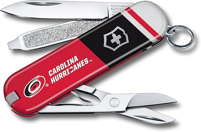 Victorinox Classic SD Swiss Army Knife – Compact 7 Function Swiss Made Pocket Knife with Small Blade Screwdriver and Key Ring – Carolina Hurricanes
