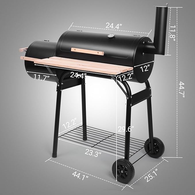 Outvita Charcoal Grill and Offset Smoker Outdoor Patio Barbecue Cooker with Wheels Portable Backyard BBQ Oven with Side Fire Box for Camping Picnic Party