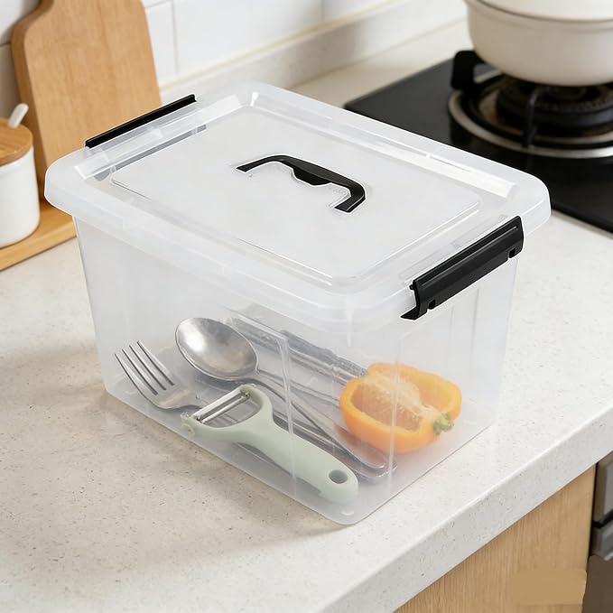 Plastic Storage Bins with Lids 6 Pack Storage Organizer 10 L Stackable Storage Bins with Buckle-Up Latches and Handle Storage Totes for Home Office Pantry Organization Clear
