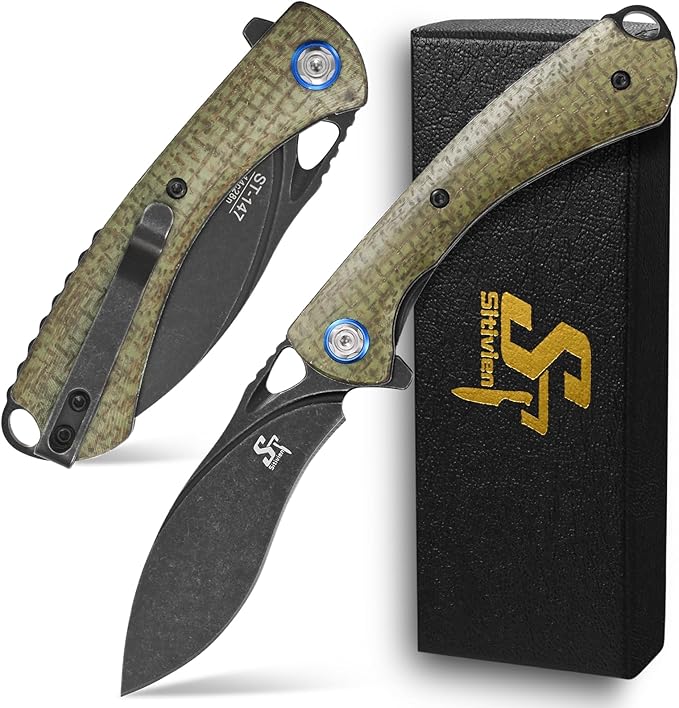 Sitivien ST147 Folding Pocket KnifeBlack Stonewashed 14C28N Steel Blade with Micarta Handle Utility Knife EDC Tool Knife for Outdoor CampingHikingHunting(Green)
