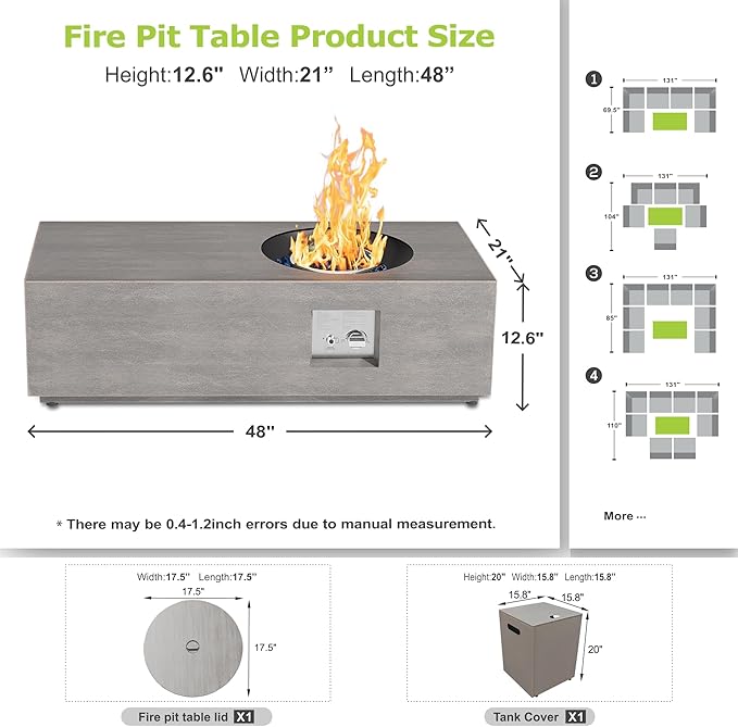 SUNPEAK 48 Propane Fire Pit Table Round Burner with Multiple Color LED Lights – 50000 BTU Fire Pit Table with Lid Rocks Cover and Tank Storage - Outdoor Fireplace Table (Grey/RGB Light 48 LED)