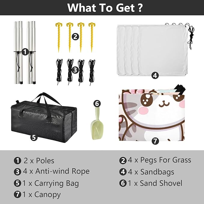 Kawaii Kitten and Cute Flowers Beach Tent Sun Shelter Set UPF50+ UV Protection 10.5 x 9.19 FT Camping Shade Canopy with Sandbags Sand Anchors Carrying Bag and Others