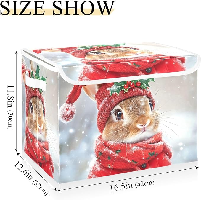 AIXIWAWA Lidded Storage Cube (Bunny Christmas) Fabric Foldable Closet Bins with Flip Lid and Handles Organizer Basket Container 16.5 x 12.6 x 11.8 IN