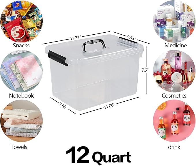 12 Quart Latching Storage Box 4 Pack Clear Plastic Organizer Bin with Handle