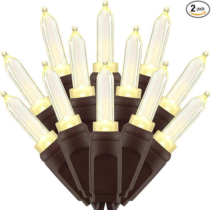 Warm White One-Piece LED Christmas Lights 48 Feet 140 Count Pack of 2 Strands 70ct T5 High Waterproof UL Certified Brown Cord String Lights
