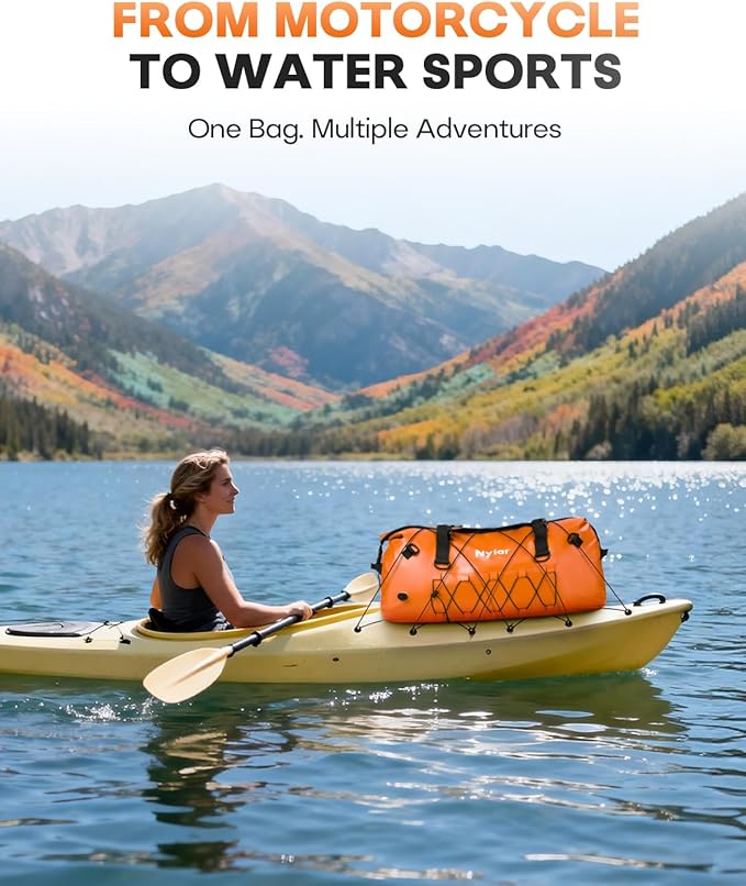 60L Waterproof Duffel Bag Motorcycle Dry Bag Backpack Heavy-Duty Roll-Top Waterproof Bag with Sealed Seams &amp Waterproof Zipper for Riding Kayaking Camping &amp Travel (Orange)