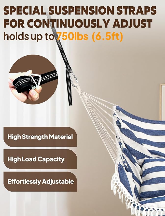 Chihee Hammock Chair Hanging Swing 2 Pillows IncludedStrong Webbing Straps and Hooks for Easy Hanging Soft Cotton Hanging Chair Side Pocket Tassel Chair Comfort Indoor Outdoor Blue White