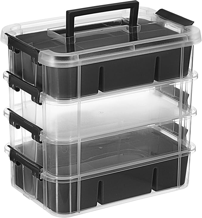 JUXYES 4-Tiers Stack Carry Storage Box With 2 Divided Tray Transparent Stackable Storage Bin With Handle Lid Latching Storage Container for School &amp Office Supplies Black