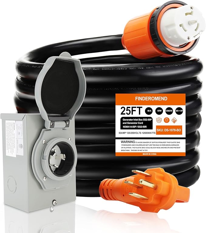 Finderomend 25 ft 50 Amp Generator Cord and Power Inlet Box Combo Kit125/250 VoltsGenerator Power Cord NEMA 14-50P to SS2-50R Extension Cordfor Home RV Backup Power Solution