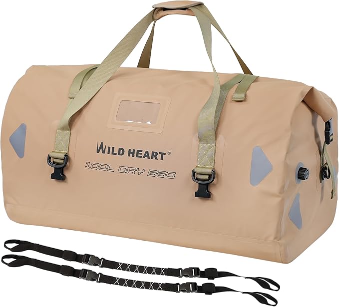 WILD HEART Waterproof Motorcycle Duffel Bag PVC500D Double-bottom With Rope Straps and Inner Pocket 40L 66L 100L for Kayaking Camping BoatingMotorcycle