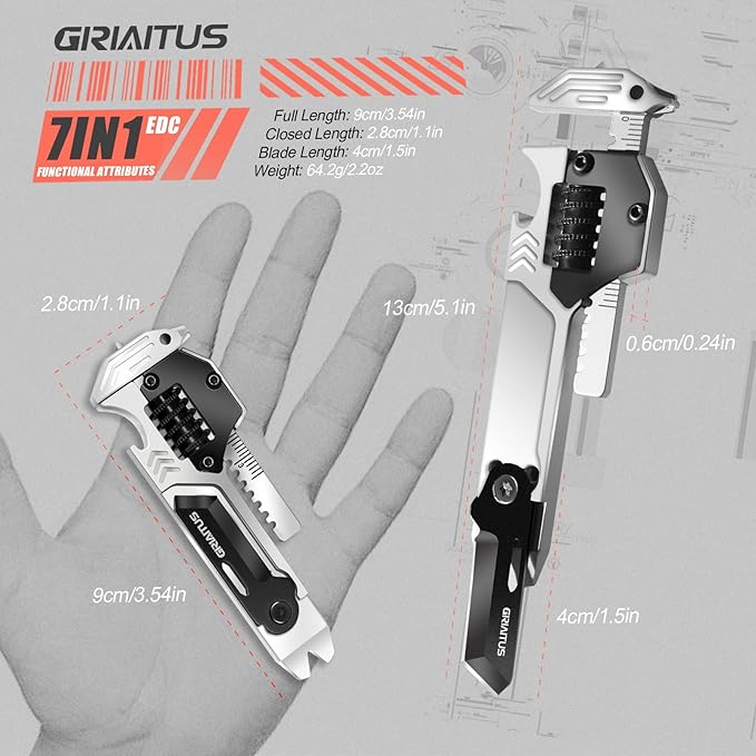 EDC Gear Multitool 7 in-1 Multi Tool with Wrench Bottle Opener Car Window Breaker Pry Bar Flat Phillips Screwdriver EDC Tools for Cycling Maintenance Outdoor Household Repairs