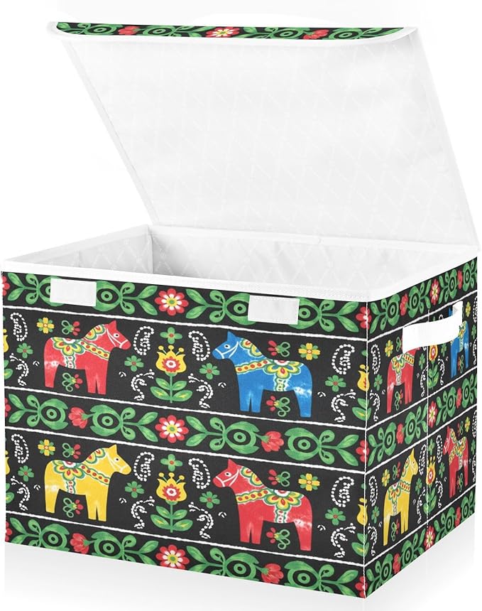 senya Baskets Collapsible Storage Bins with Lids Ethnic Swedish Dala Horse Storage Boxes Clothes Baskets for Organizing