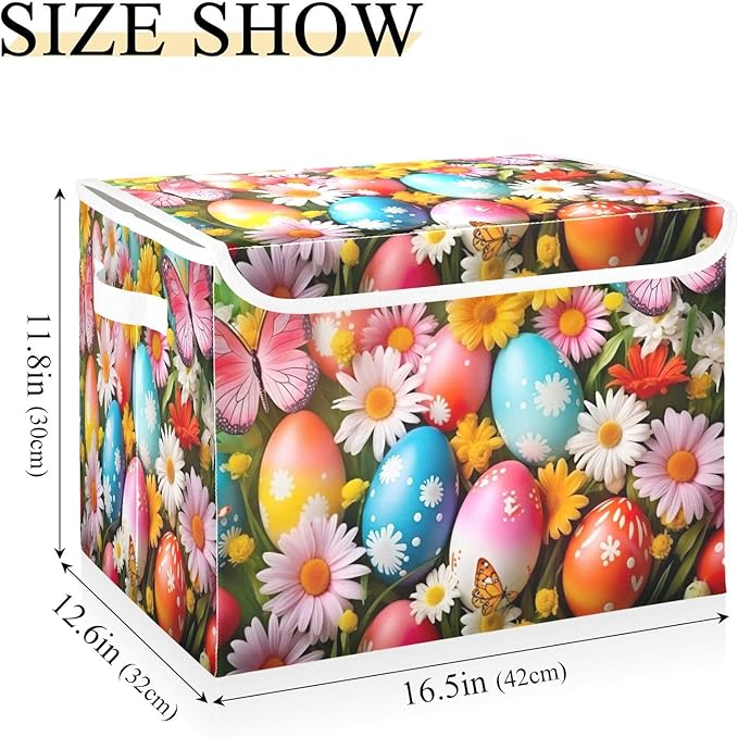 Christmas Storage Baskets with Lids Colorful Eggs and Butterflies (2) Collapsible Bins Stackable Fabric Linen Baskets Closet Organizer Container 16.5x12.6x11.8