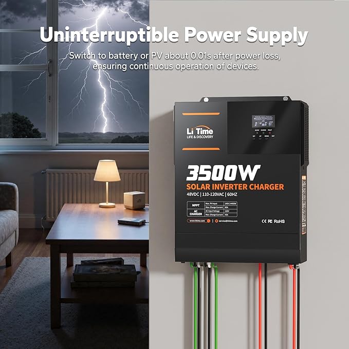 LiTime 3500W Solar Hybrid Inverter 48V DC to 120V AC All-in-One Solar Inverter Charger Built in 80A MPPT Charge Controller for 48V Lead Acid/LiFePO4 Battery Home Energy Storage Off-Grid