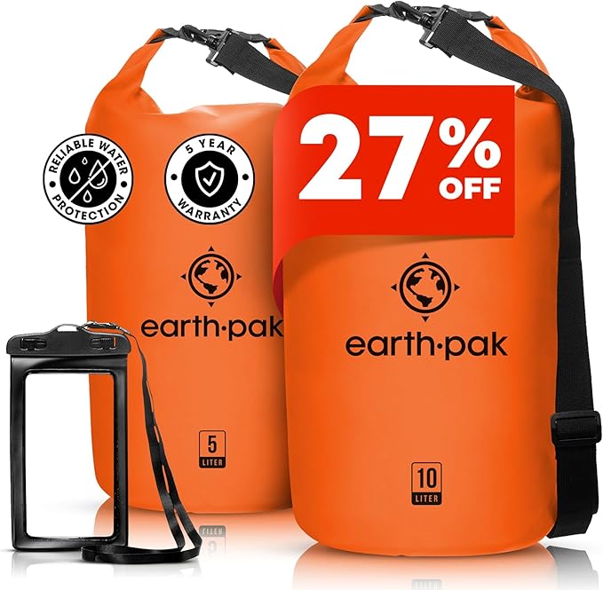Earth Pak Waterproof Dry Bag - Roll Top Waterproof Backpack Sack Keeps Gear Dry for Kayaking &amp Fishing with Phone Case (Orange 10L &amp 20L)