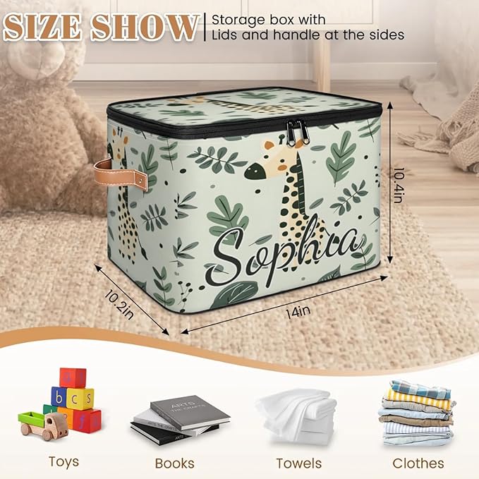 Custom Storage Basket with Name Personalized Storage Bins with Zipper Lid Foldable Fabric Storage Box Large capacity with Handle Giraffe Leaf
