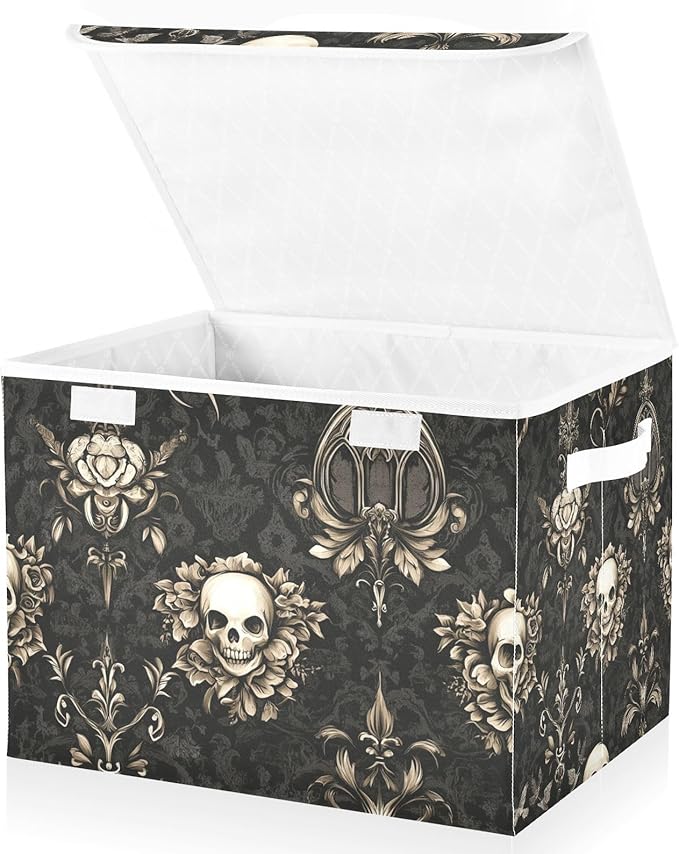 Collapsible Storage Bins with Lids Decorative Fabric Storage Cubes Closet Organizer and Storage Basket Boxes Containers for Clothes Box Chest Folding Rectangle Gothic Brown Skulls