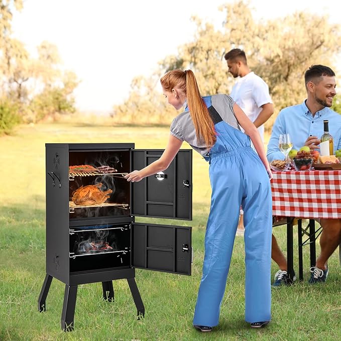 Giantex Outdoor Smoker with Double Doors 2 Detachable Grill Netting Smoking Racks Charcoal Pan &amp Water Pan 4 Air Vents Thermometer Vertical Charcoal Smoker for Barbecue Camping Backyard Grill