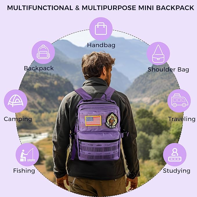 9L Mini Tactical Backpack for Men WomenSmall Military Tactical Backpack for SportGymHikingTravelCamping (Purple)