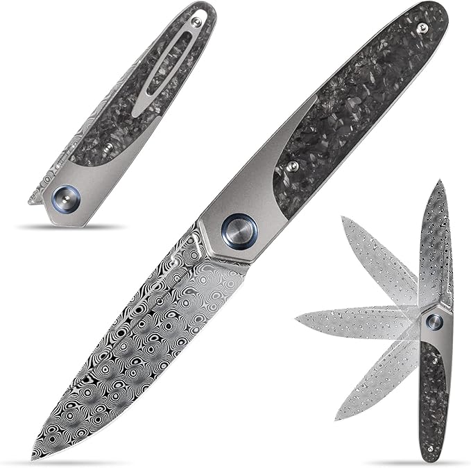Sitivien ST245 Damascus Steel Folding Knives with Liner Lock Ball BearingTitanium Carbon Fiber Handle EDC Damascus Knife for Men Women(Gray) … …