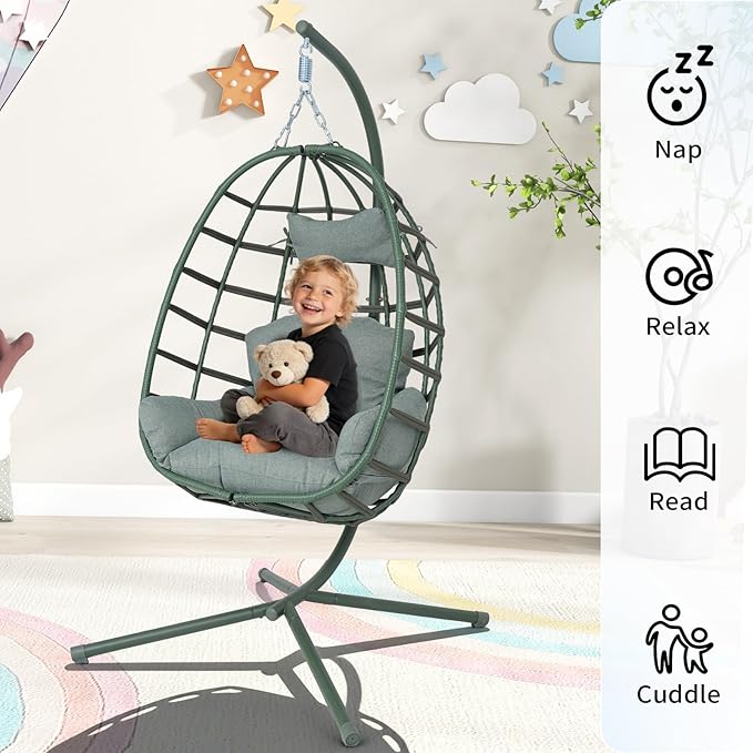Hanging Egg Chair with Stand Outdoor Indoor Patio Rattan Swing Hammock Chairs with Washable Cushion 350lbs Capacity PE Wicker Swing Chair for Backyard Bedroom Garden (Dark Green + Dark Green Cushion)
