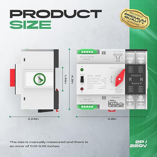 Automatic Transfer Switch 100A AC 220V Dual Power ATS 2P Automatic/Manual Transfer Switch din Rail mounting for Home Generator RVPublic/Backup Power Supply
