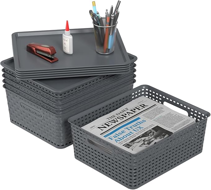 Zopnny 6-Pack Plastic Lidded Storage Shelf Basket Stackable Organizer Baskets with Lid for Desktop Pantry Closet Office (Grey)