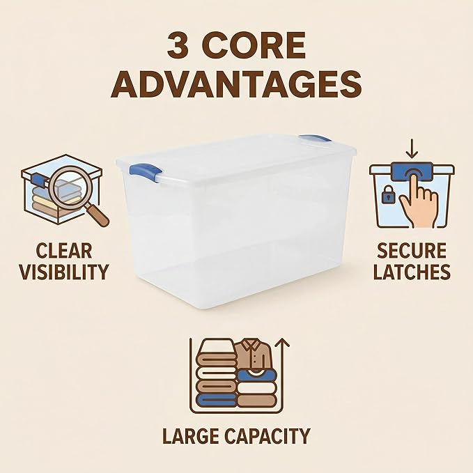 （4-Pack） 66QT Transparent Plastic Storage Box with a Secure Locking Cover Stackable Suitable For Organizing Household Items Garage and Office Use.