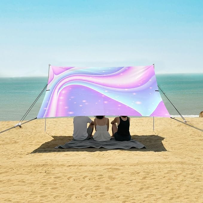 xigua Purple Texture Beach Tent Sun Shelter with Carrying Bag - Silver Coated Oxford Fabric Beach Canopy for Beach Camping Fishing - Includes Windproof Ropes Sandbags &amp Stakes