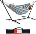 PNAEUT Double Hammocks with Stand for Outside Portable Space Saving Heavy-Duty Steel Stand for Indoor Outdoor Patio with Carrying Bag 450 lbs Capacity (Lightblue)