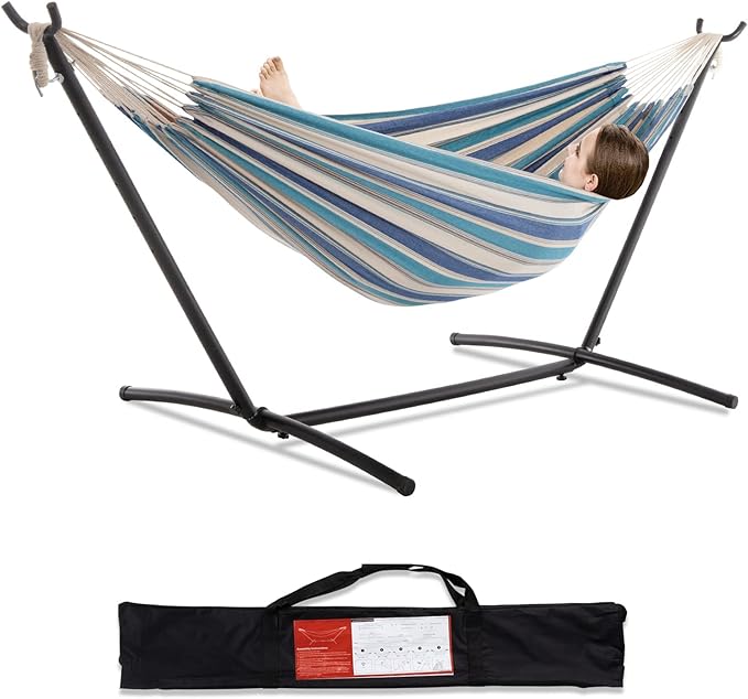 PNAEUT Double Hammocks with Stand for Outside Portable Space Saving Heavy-Duty Steel Stand for Indoor Outdoor Patio with Carrying Bag 450 lbs Capacity (Lightblue)