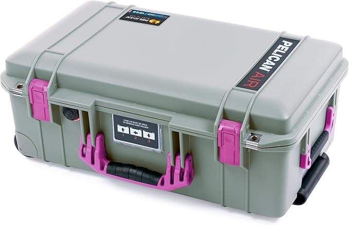 Pelican Air 1535 Carry-On Sage Green - Medium Size Waterproof Case with Pluck Foam Set and Lid Foam - Magenta Handles &amp Latches