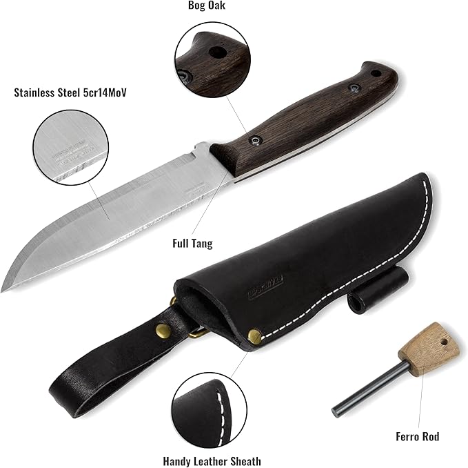 BPSKNIVES Nighthawk Adventurer - Camping Knife - Fixed-Blade Stainless Steel Survival Knife - Black Leather Sheath and Firestarter - Outdoor Full Tang Knives - Bushcraft Knives