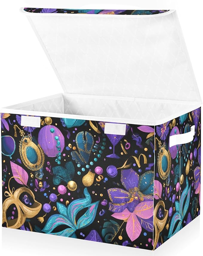 Puprle Shrove Tuesday Mask Plant Storage Box with Lid 1 PC Foldable Storage Bin with Lids Stackable Storage Bins Cube Closet Organizer Basket with Flip-Top Lid &amp Handles for Shoes Books Towels