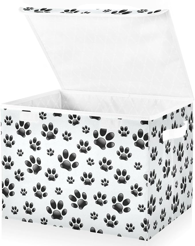 Dog Paw Lidded Home Storage Bins Closet Storage Bins Foldable Oxford Fabric Storage Box for Home Bedroom Closet Office (16.5x12.6x11.8 in)