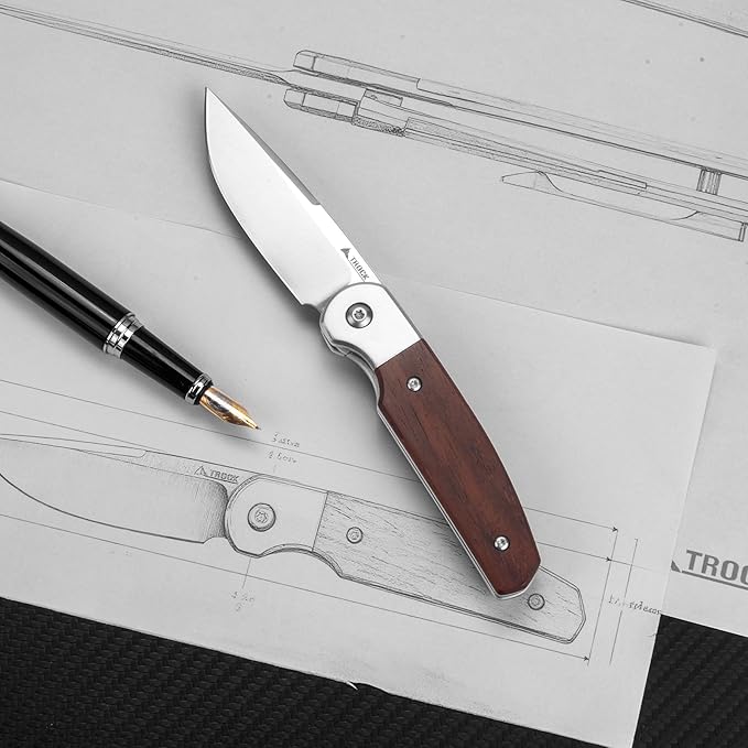 Small EDC Knife 2.8 Pocket Knife D2 Steel Point Blade Wood Handle - flipper Folding Knife for Men Women - Daily Carry Office Camping Hiking