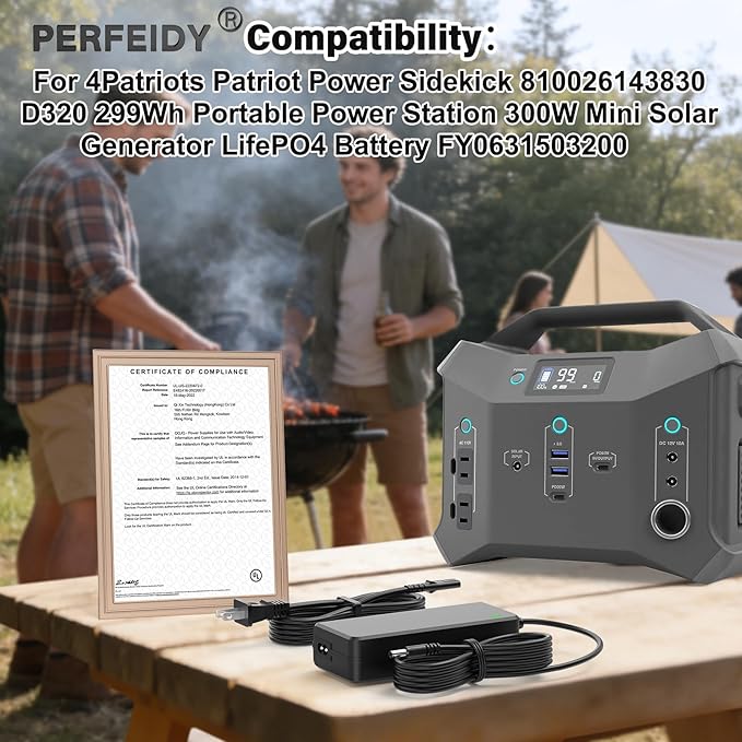 15V Charger for 4Patriots Patriot Power Sidekick 810026143830 D320 299Wh Portable Power Station 300W Mini Solar Generator LifePO4 Battery FY0631503200 Power Supply Cord Perfeidy