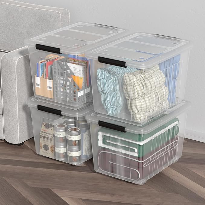 70 L Clear Storage Bin with Wheels Extra Large Plastic Latching Storage Box 4 Pack