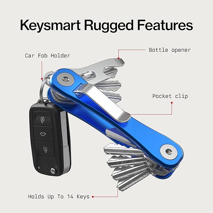KeySmart Rugged - Multitool Key Holder for Keychain w/Bottle Opener and Pocket Clip Key Organizer for Key Chain EDC Keychains Key Ring for Car Fobs Key Chains Expandable (Up to 14 Keys Blue)
