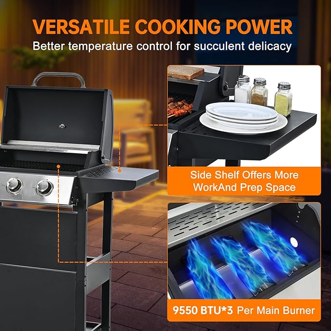 2 and 1 Burner Propane Gas Grill Stainless Steel BBQ Grill 31000 BTU for Outdoor Cooking Kitchen Garden and Patio Backyard Barbecue Black and Silver