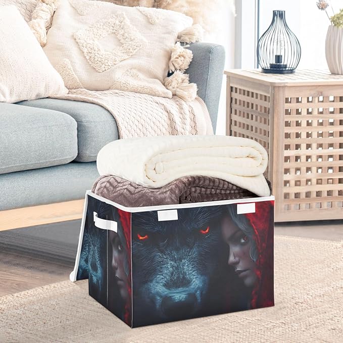 Storage Cube with Lid Wolf and Red Print 16.5×12.6×11.8 IN Collapsible Large Capacity Foldable Storage Basket Bin Organizer