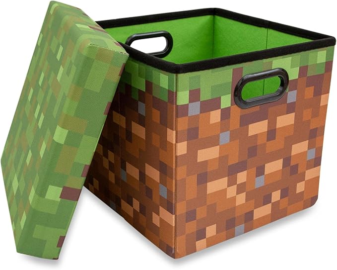 Minecraft Grassy Block 13-Inch Storage Bin Chest with Lid | Foldable Fabric Basket Container Cube Organizer with Handles Cubby for Shelves Closet | Home Decor Essentials Video Game Gifts