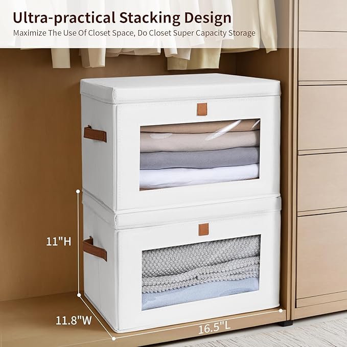 Homsorout Large Clothing Storage Bins - Collapsible Boxes with Handles &amp Window Decorative Organizer Bins with Lids Fabric Containers for Living Room Dorm 4 Pack White
