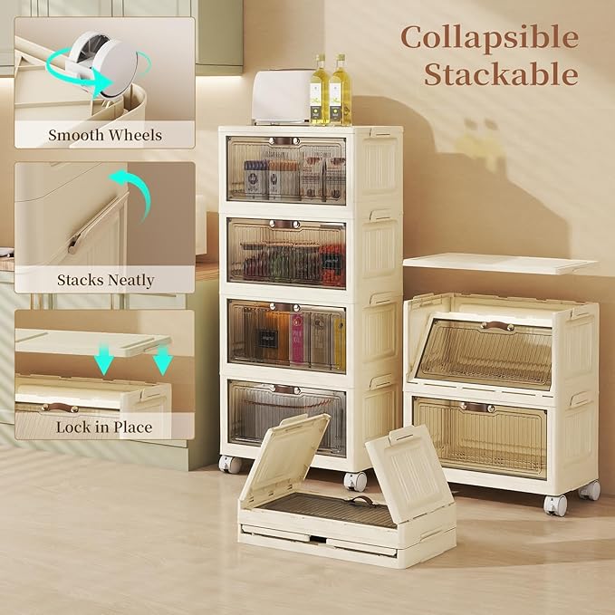 3 Tier - 48QT Storage Bins with Lids Collapsible Storage Bins with Doors and Wheels Plastic Storage Cabinet for Easy Storage and Organization for Living Room Office