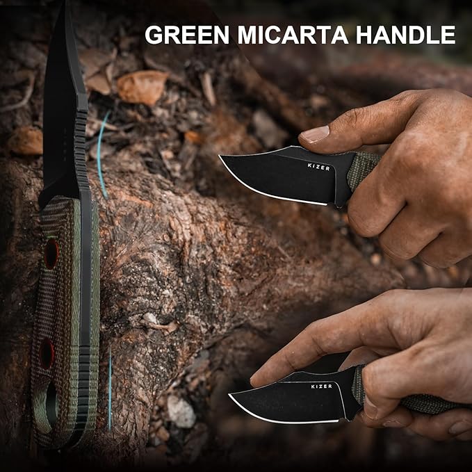 Kizer Beaver 2 Fixed Blade Knife 2.75 D2 Clip Point Blade EDC Hunting Knife with Green Micarta Handle Outdoor Camping Survival Knives with Kydex Sheath Small Neck Knives 1078M3
