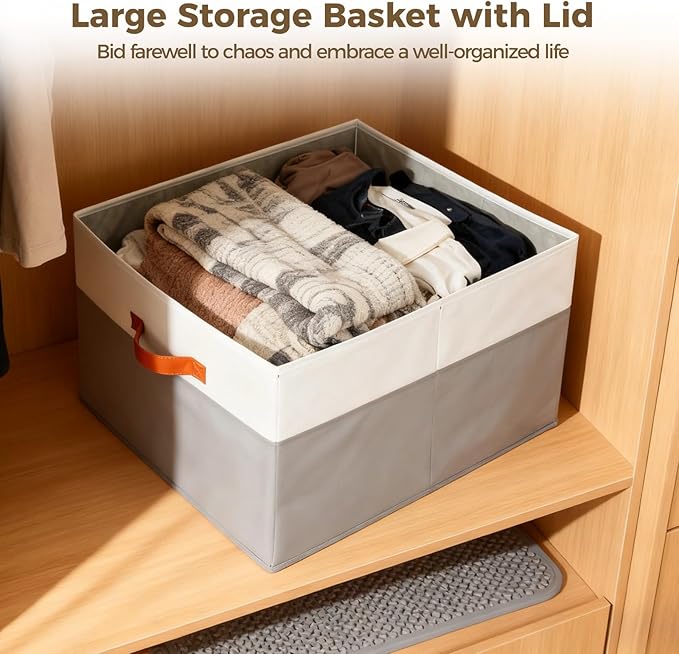 4 PCS EXTRA Large Blanket Storage Baskets with Lids 22 x 16.7 x 11.8 in Decorative Storage Bins with Double-Open Lid Fabric Bins with Handles Stackable Storage Cubes for Shelf Laundry Room Nursery